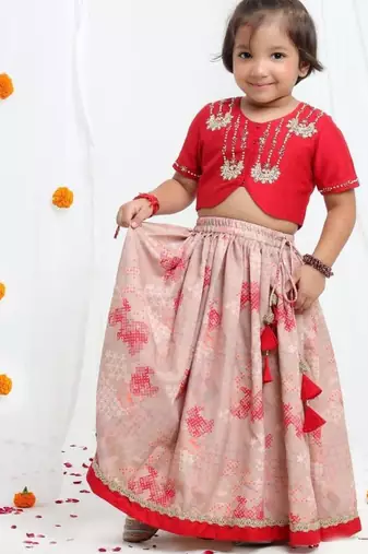Redish hand embroidered blouse with beidge geometrical printed ghagara set  for girls