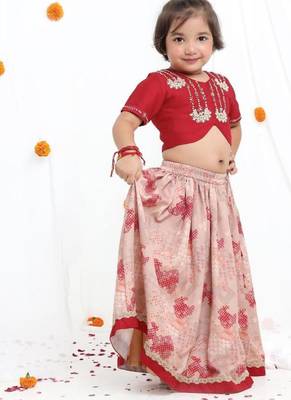 Redish hand embroidered blouse with beidge geometrical printed ghagara set  for girls 4