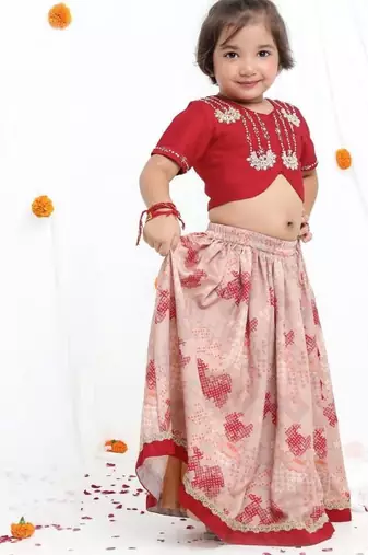 Redish hand embroidered blouse with beidge geometrical printed ghagara set  for girls