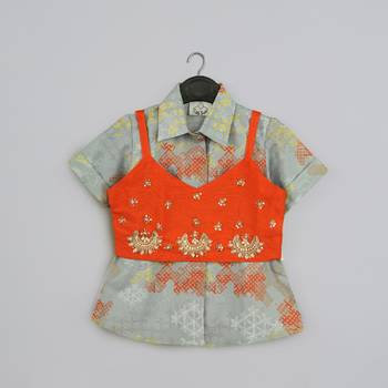 Grey geometrical printed shirt with hand embroidered jacket with printed pant set for girls 1