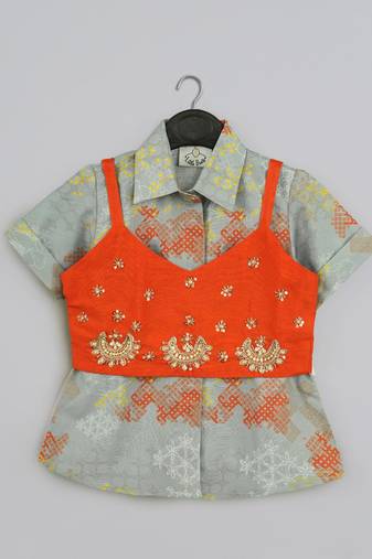 Grey geometrical printed shirt with hand embroidered jacket with printed pant set for girls