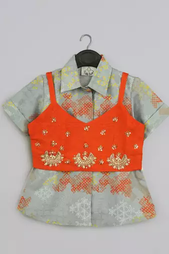 Grey geometrical printed shirt with hand embroidered jacket with printed pant set for girls