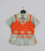 Grey geometrical printed shirt with hand embroidered jacket with printed pant set for girls