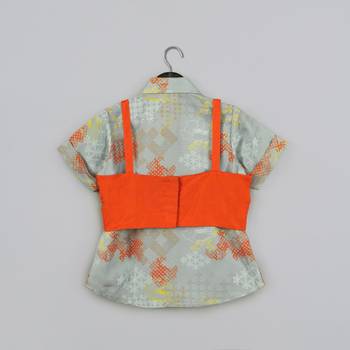 Grey geometrical printed shirt with hand embroidered jacket with printed pant set for girls 2