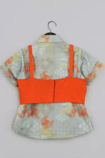 Grey geometrical printed shirt with hand embroidered jacket with printed pant set for girls
