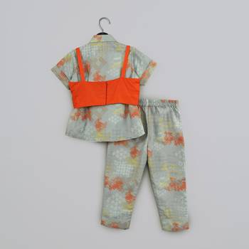 Grey geometrical printed shirt with hand embroidered jacket with printed pant set for girls 3