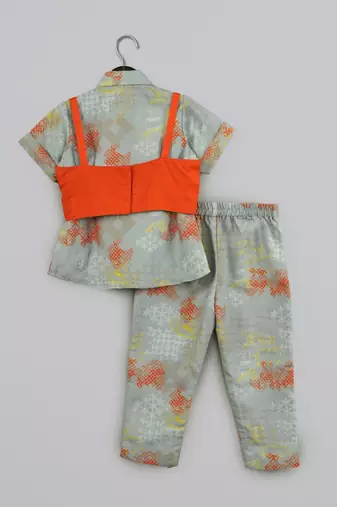 Grey geometrical printed shirt with hand embroidered jacket with printed pant set for girls