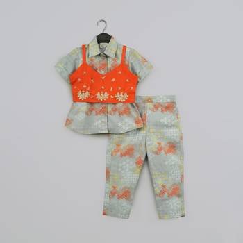 Grey geometrical printed shirt with hand embroidered jacket with printed pant set for girls 4