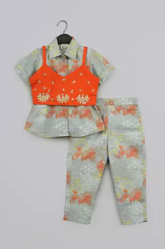 Grey geometrical printed shirt with hand embroidered jacket with printed pant set for girls