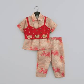 Beidge geometrical printed shirt with hand embroidered jacket with printed pant set for girls 1