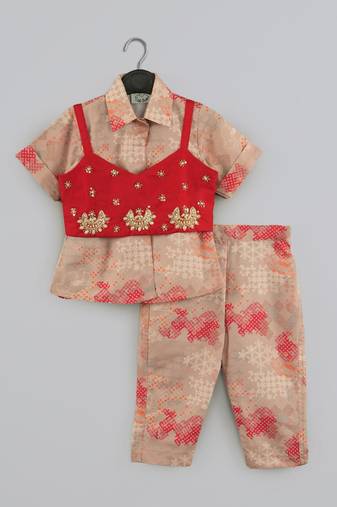 Beidge geometrical printed shirt with hand embroidered jacket with printed pant set for girls