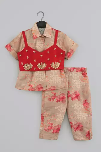 Beidge geometrical printed shirt with hand embroidered jacket with printed pant set for girls