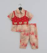 Beidge geometrical printed shirt with hand embroidered jacket with printed pant set for girls