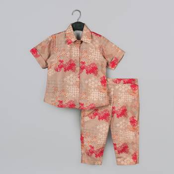 Beidge geometrical printed shirt with hand embroidered jacket with printed pant set for girls 2