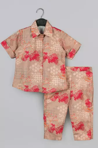 Beidge geometrical printed shirt with hand embroidered jacket with printed pant set for girls