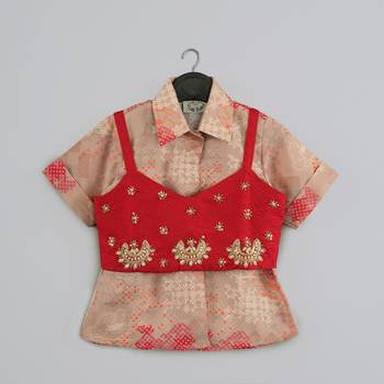 Beidge geometrical printed shirt with hand embroidered jacket with printed pant set for girls 4