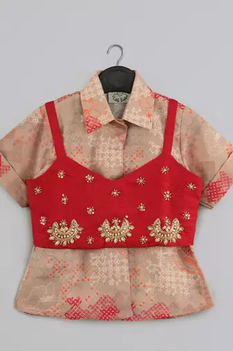 Beidge geometrical printed shirt with hand embroidered jacket with printed pant set for girls