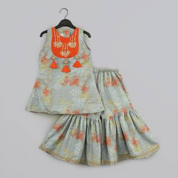 Grey geometrical printed hand embroidery top with geometrical printed sharara set for girls 1