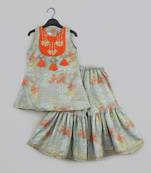 Grey geometrical printed hand embroidery top with geometrical printed sharara set for girls