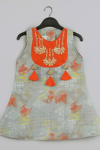 Grey geometrical printed hand embroidery top with geometrical printed sharara set for girls