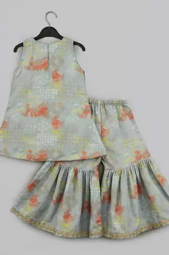Grey geometrical printed hand embroidery top with geometrical printed sharara set for girls