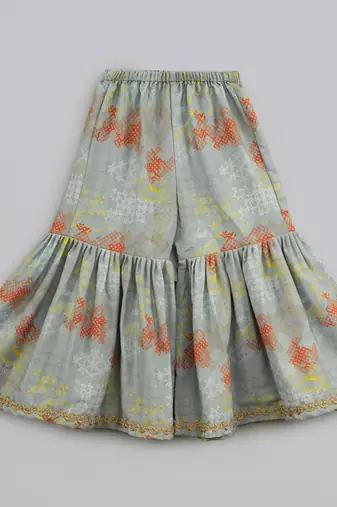 Grey geometrical printed hand embroidery top with geometrical printed sharara set for girls