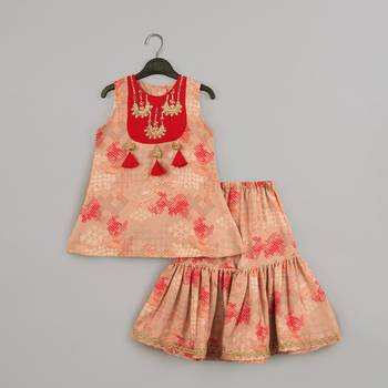 Beidge geometrical printed hand embroidery top with geometrical printed sharara set for girls 1