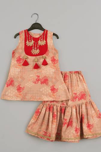 Beidge geometrical printed hand embroidery top with geometrical printed sharara set for girls