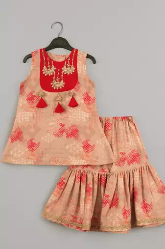 Beidge geometrical printed hand embroidery top with geometrical printed sharara set for girls