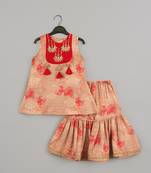 Beidge geometrical printed hand embroidery top with geometrical printed sharara set for girls