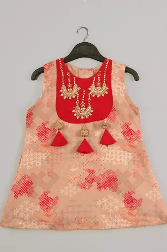 Beidge geometrical printed hand embroidery top with geometrical printed sharara set for girls
