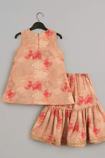 Beidge geometrical printed hand embroidery top with geometrical printed sharara set for girls