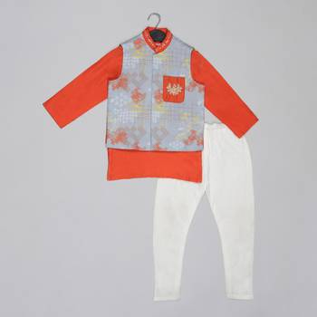 Orange kurta with grey geometrical printed bundi jacket with hand embroided with pajama set for boys 1