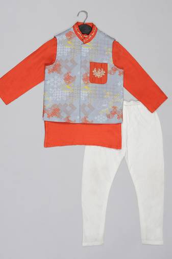 Orange kurta with grey geometrical printed bundi jacket with hand embroided with pajama set for boys