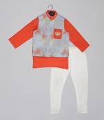 Orange kurta with grey geometrical printed bundi jacket with hand embroided with pajama set for boys