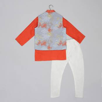 Orange kurta with grey geometrical printed bundi jacket with hand embroided with pajama set for boys 2