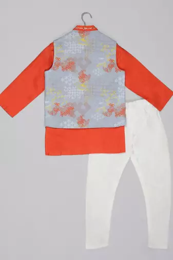 Orange kurta with grey geometrical printed bundi jacket with hand embroided with pajama set for boys