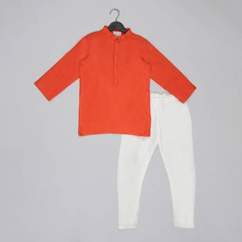 Orange kurta with grey geometrical printed bundi jacket with hand embroided with pajama set for boys 3