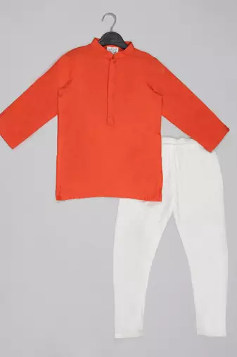 Orange kurta with grey geometrical printed bundi jacket with hand embroided with pajama set for boys