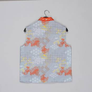 Orange kurta with grey geometrical printed bundi jacket with hand embroided with pajama set for boys 4