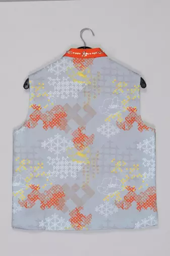 Orange kurta with grey geometrical printed bundi jacket with hand embroided with pajama set for boys