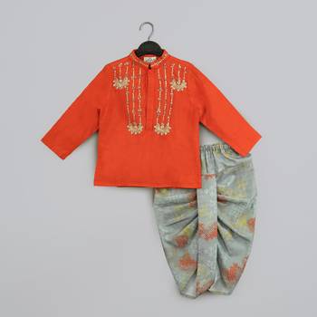 Orange hand embroidery kurta with grey geometrical printed dhoti set for boys 1