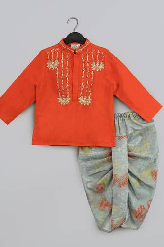 Orange hand embroidery kurta with grey geometrical printed dhoti set for boys