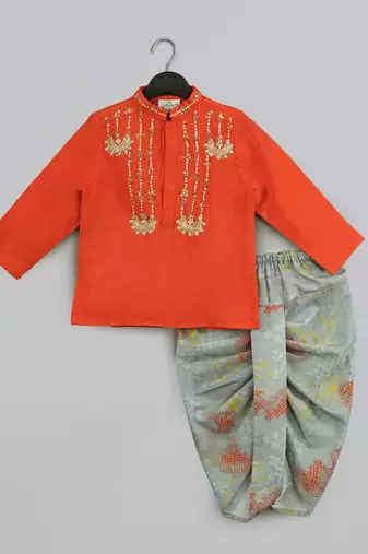 Orange hand embroidery kurta with grey geometrical printed dhoti set for boys