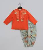Orange hand embroidery kurta with grey geometrical printed dhoti set for boys