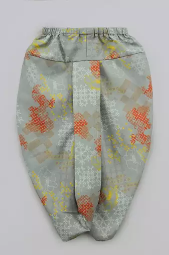 Orange hand embroidery kurta with grey geometrical printed dhoti set for boys