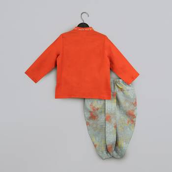 Orange hand embroidery kurta with grey geometrical printed dhoti set for boys 3