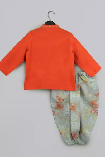Orange hand embroidery kurta with grey geometrical printed dhoti set for boys