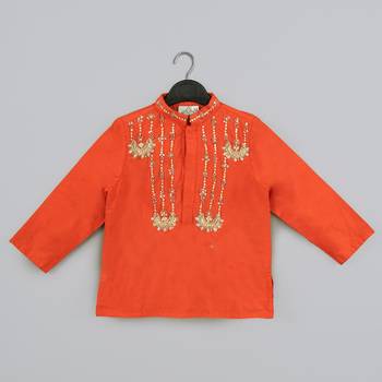 Orange hand embroidery kurta with grey geometrical printed dhoti set for boys 4