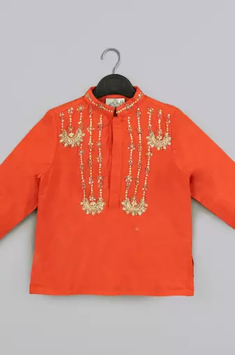 Orange hand embroidery kurta with grey geometrical printed dhoti set for boys